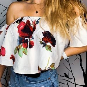 Off-the-Shoulder Flowy Crop Top with Flowers